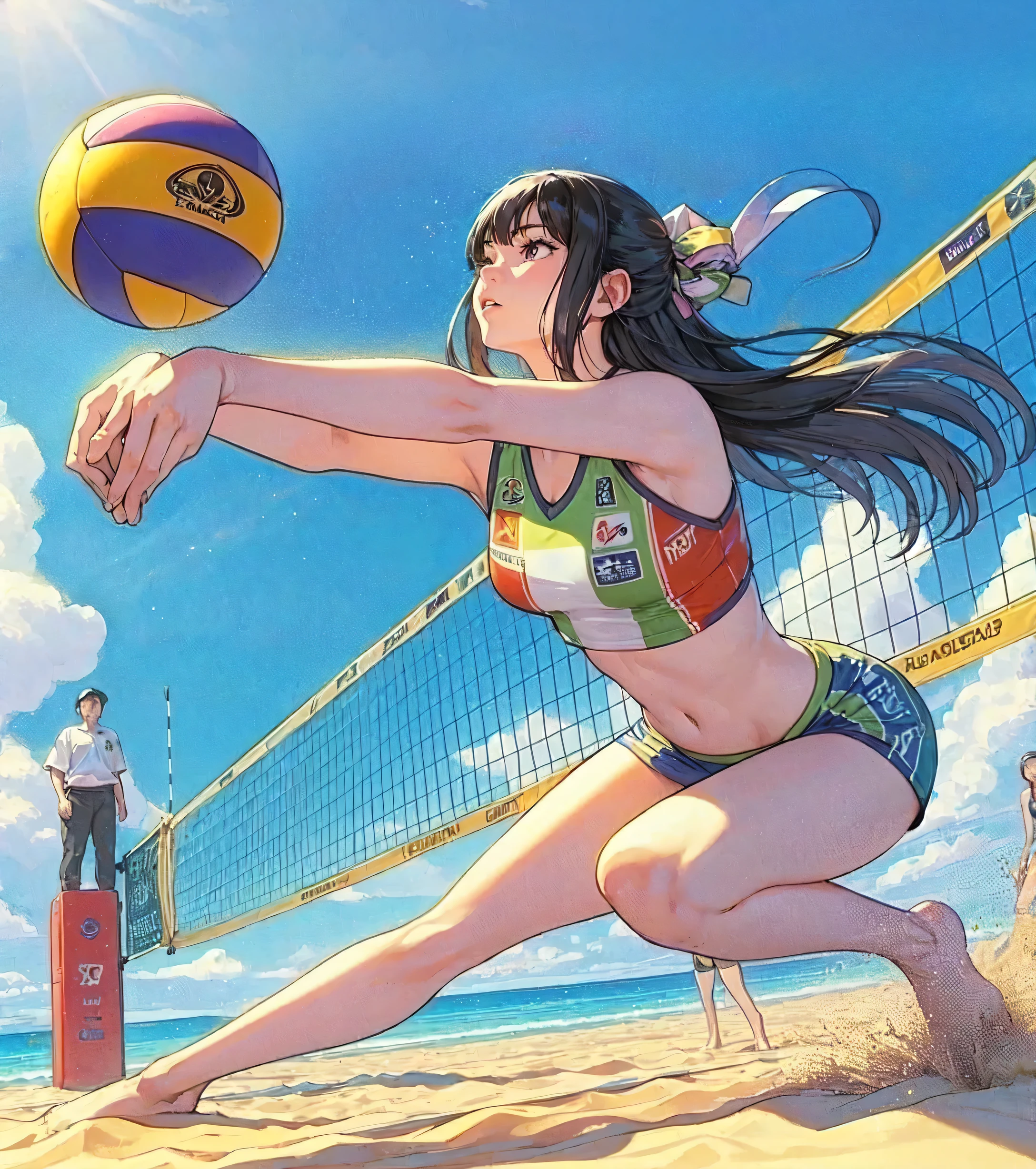 1lady solo, from above, (jumping high) (right next to net), (looking up at ball), (swinging one arm to hit ball) spiking, (dynamic posing), (beach volleyball player), (uniform with company logo) cropped top, (mature female:0.8), /(black hair/) bangs, light smile, (teeth:0.8), (masterpiece best quality:1.2) delicate illustration ultra-detailed, medium breasts, (muscle:0.6) BREAK (sandy beach) outdoors, (beach volleyball court), flying sand, blue sky, detailed background