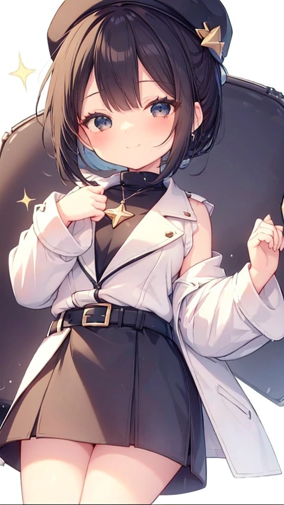 there is a computer animated character holding her hands out to the camera, 1girl, solo, sparkle, hat, black hair, white background, smile, jewelry,Cheerful girl