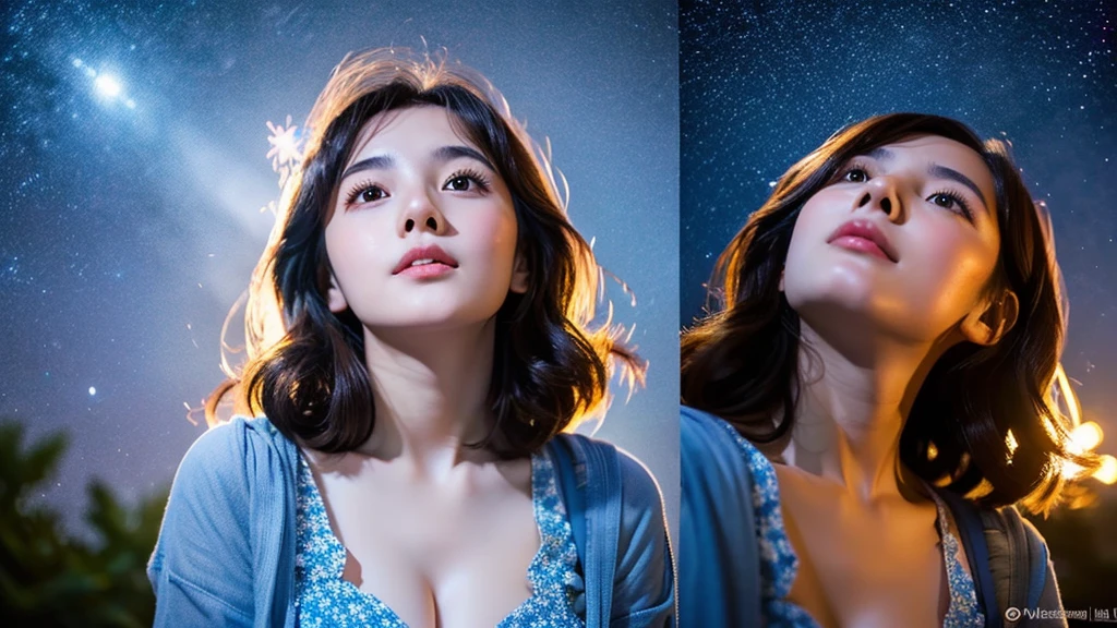 One 20-year-old woman with a very cute face like an idol、Gentle and cute、Cleavage、Beautiful starry sky、(Looking up at the night sky)、(((Natural light inside at night)))、RAW Photos、Genuine、live-action、(Artistic Expression)、High resolution、masterpiece