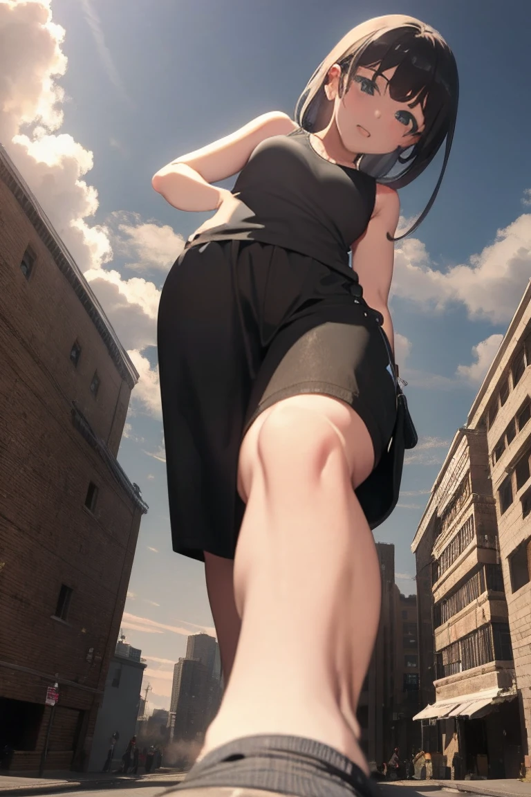Giantessのイラスト、masterpiece、Highest quality、Giantess、Giantessのイラスト、smile、Open mouth and show teeth、beautiful身体、beautiful、Anime illustration、A small building being destroyed underfoot、Tank top、Shorts、Low - Angle、walk、Looming、I can see my feet、Draw a woman in a big way、Giantess、Hands on hips、giantess、Destroyed small town、Destroyed small building district、Smoke is rising、The fugitive々、Destructive illustration