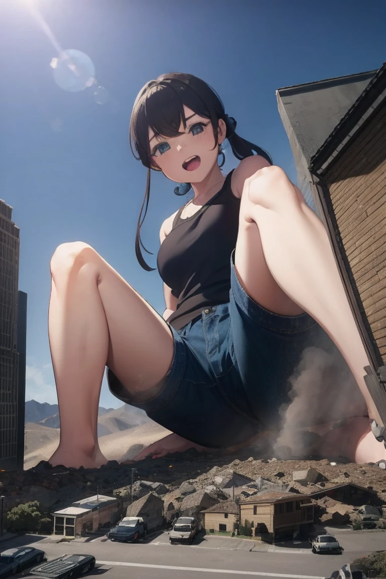 Giantessのイラスト、masterpiece、Highest quality、Giantess、Giantessのイラスト、smile、Open mouth and show teeth、beautiful身体、beautiful、Anime illustration、A small building being destroyed underfoot、Tank top、Shorts、Low - Angle、walk、Looming、I can see my feet、Draw a woman in a big way、Giantess、Hands on hips、giantess、Destroyed small town、Destroyed small building district、Smoke is rising、The fugitive々、Destructive illustration