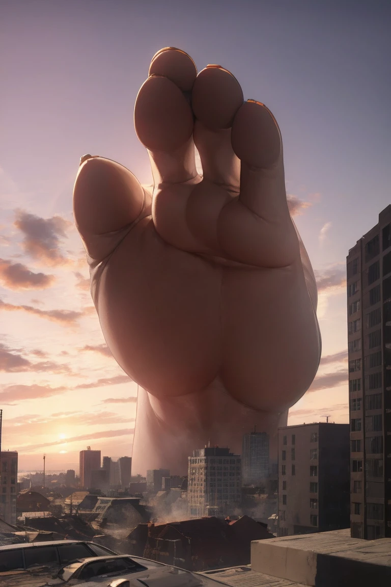 Giantessのイラスト、masterpiece、Highest quality、Giantess、Giantessのイラスト、smile、Open mouth and show teeth、beautiful身体、beautiful、Anime illustration、A small building being destroyed underfoot、Tank top、Shorts、Low - Angle、walk、Looming、I can see my feet、Draw a woman in a big way、Giantess、Hands on hips、giantess、Destroyed small town、Destroyed small building district、Smoke is rising、The fugitive々、Destructive illustration