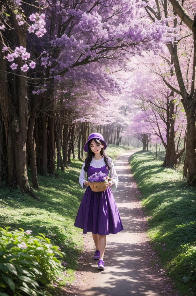 Create a walking in the forest with a basket full of sweets dressed in purple with purple flowers on the ground and trees with no one behind