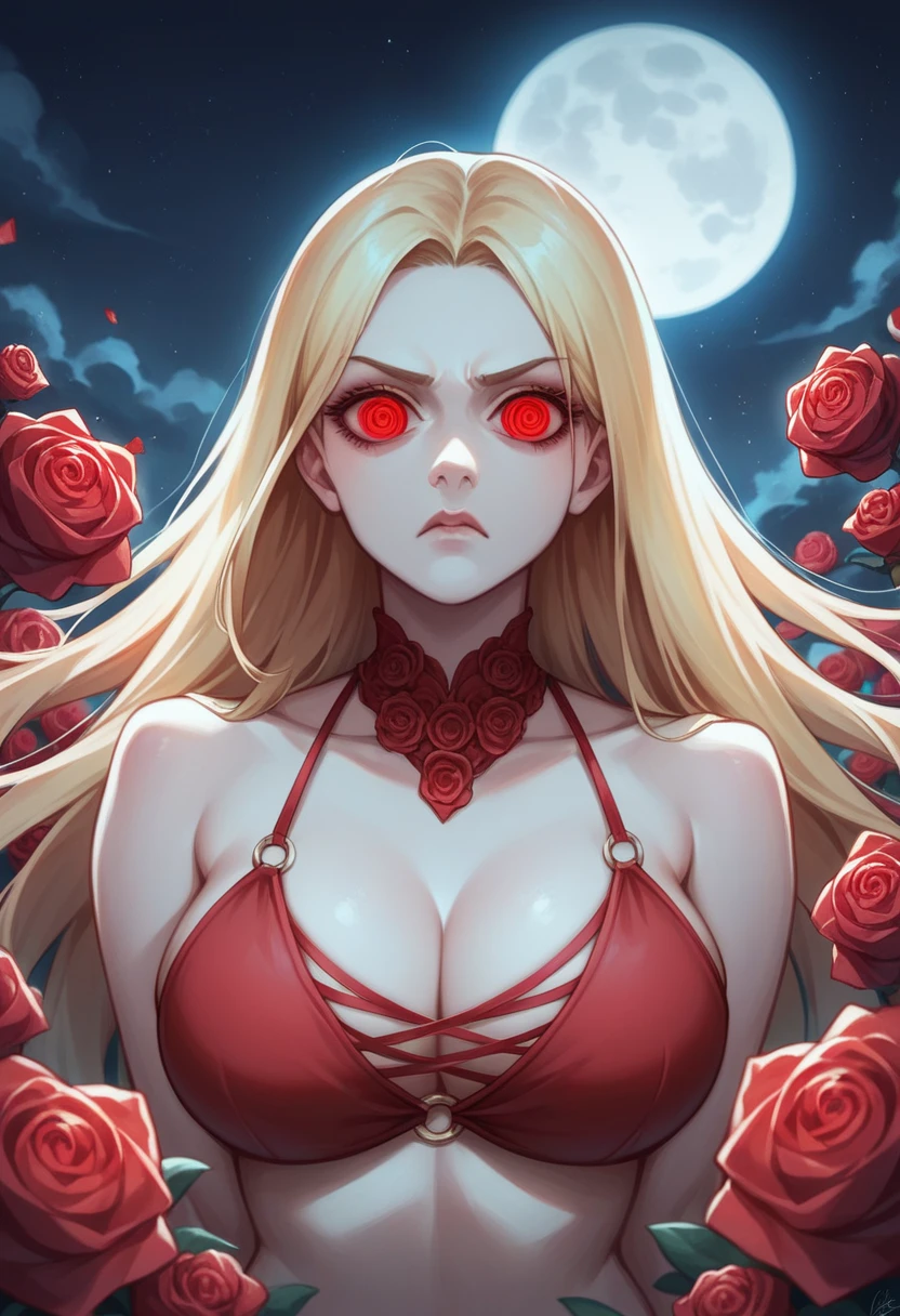masterpiece, Highest quality, (Focus Only), (High detail:1.1), (Ultra-detailed eyes), dramatic, 1 Female, (Pale skin), Long blonde hair, (Red Iris), Focus on the individual, Long Hair, moon, night, Red Bikini, Pouting, Detailed Background, Large Breasts,Art by artgerm, Cinema Lighting, Red Rose, fashion