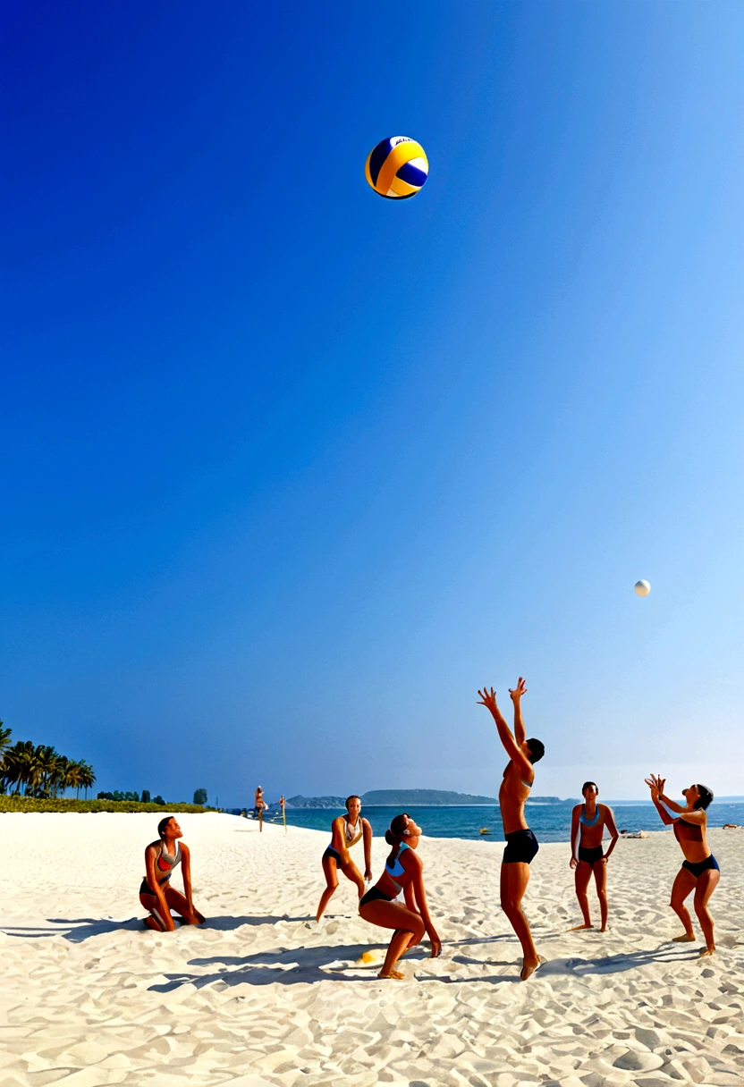 (Beach Volleyball players), The training in the morning, the sunshine in the morning, sprinkles on the peaceful beach. A volleyball team is undergoing intense training, barefoot on the soft sand, practicing volleyball skills, full body, (Photography), panoramic view, award-winning, cinematic still, emotional, vignette, dynamic, vivid, (masterpiece, best quality, Professional, perfect composition, very aesthetic, absurdres, ultra-detailed, intricate details:1.3)