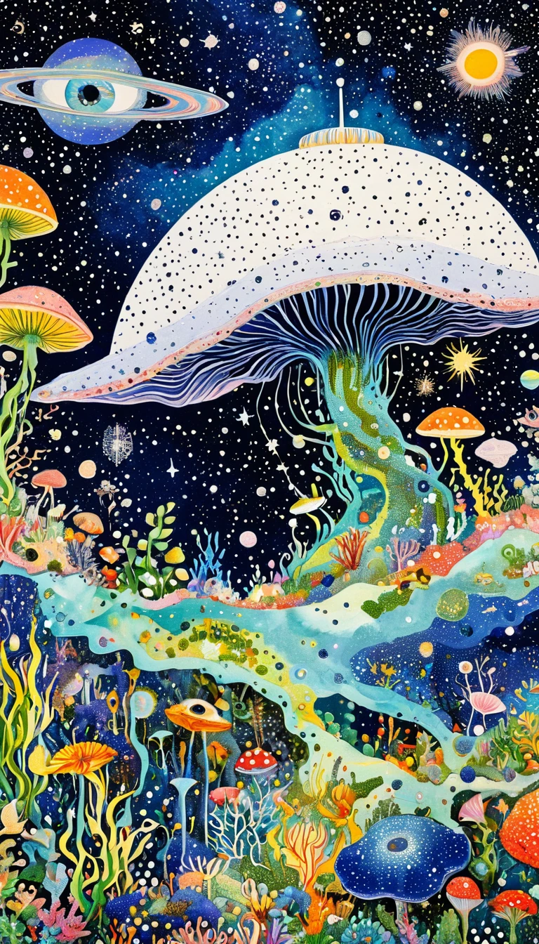 plant、Marine life、Eye、Starry Sky,An abstract painting at the joint,Describing the inner world of autistic people,Sense of space,White Space,Pointillism method,Psychedelic Art,interesting:1.5