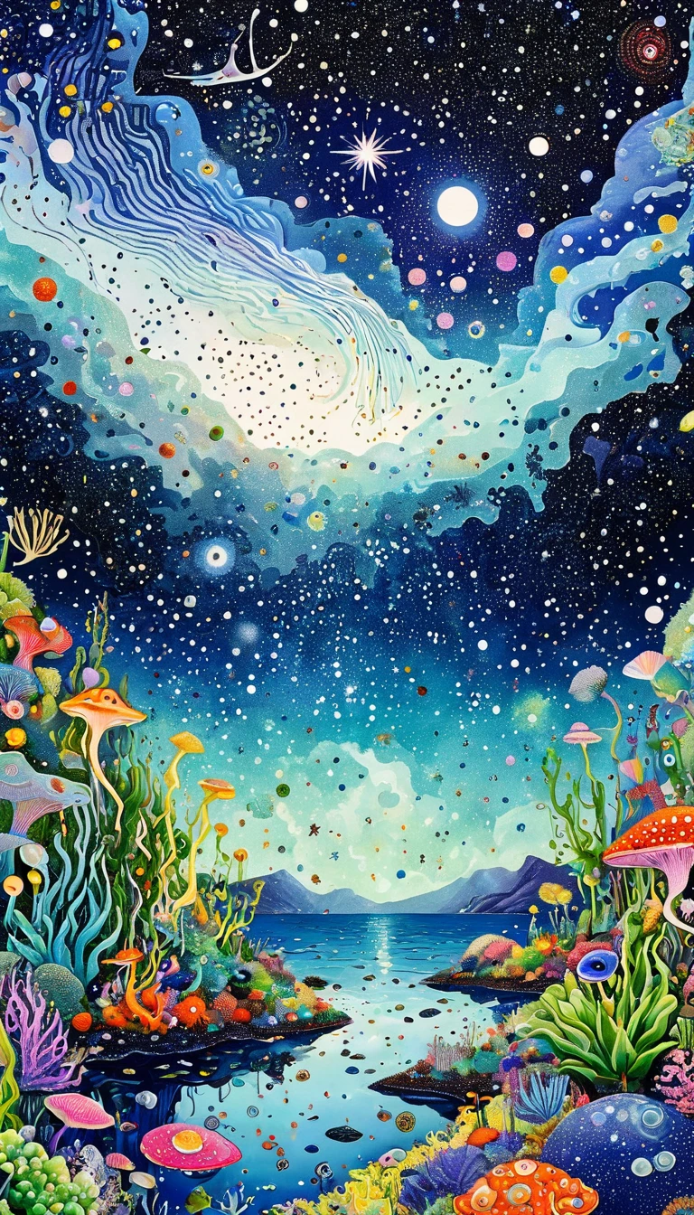 plant、Marine life、Eye、Starry Sky，An abstract painting at the joint，Describing the inner world of autistic people，Sense of space，White Space，Pointillism method，Psychedelic Art，interesting：1.5