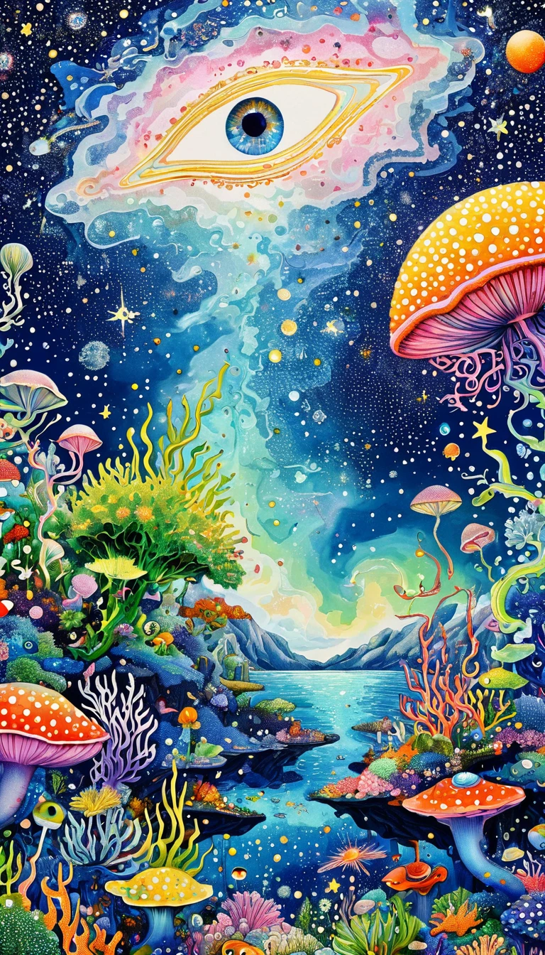 plant、Marine life、Eye、Starry Sky，An abstract painting at the joint，Describing the inner world of autistic people，Sense of space，White Space，Pointillism method，Psychedelic Art，interesting：1.5