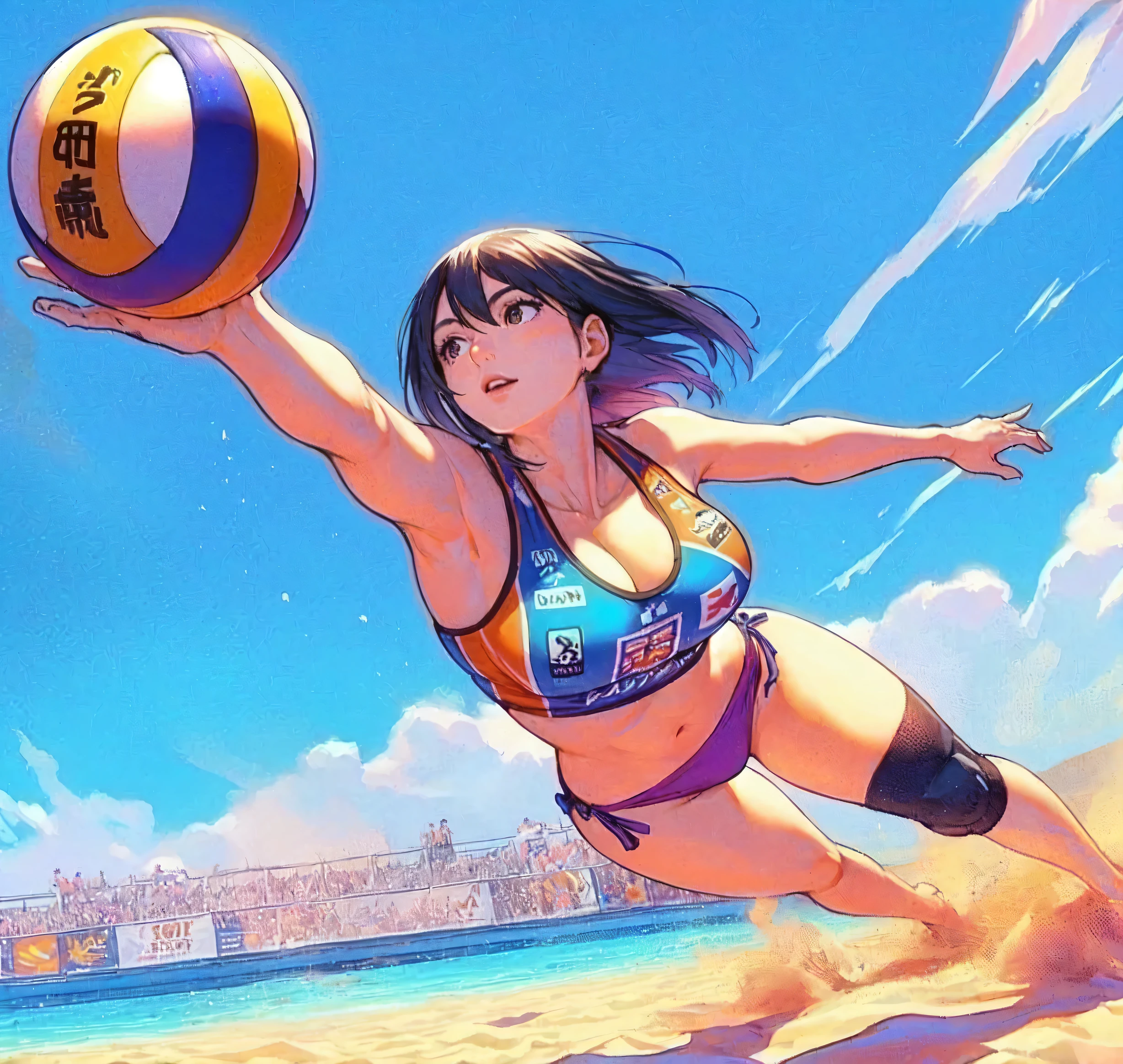 1lady solo, (throwing herself toward ball) ((extending one hand) toward ball), (dynamic posing), (beach volleyball player), (uniform with company logo) cropped top, (mature female:0.8), /(light black hair/) bangs, (light smile:0.6), (masterpiece best quality:1.2) delicate illustration ultra-detailed, medium breasts, (muscle:0.6) BREAK (sandy beach) outdoors, (beach volleyball court), flying sand, blue sky, detailed background