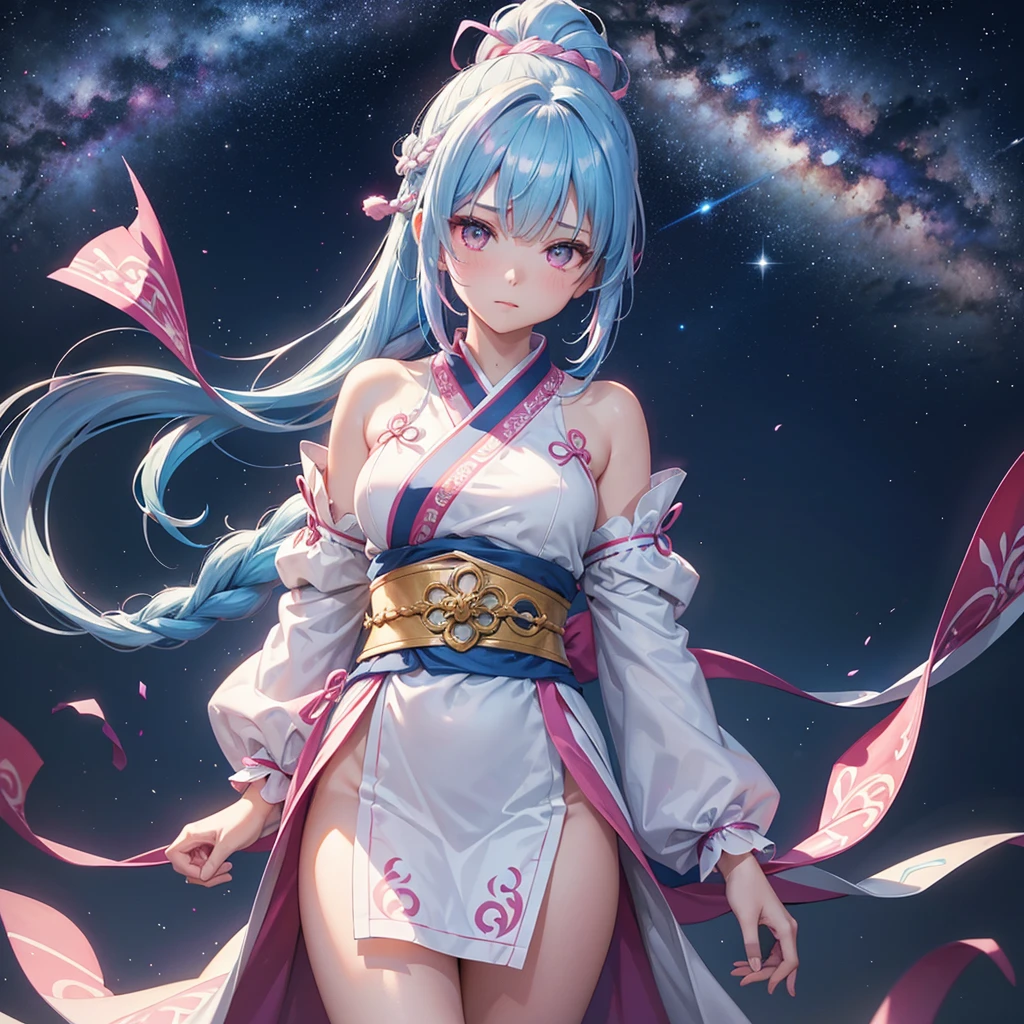 Sky blue hair, (One braided ponytail),(Pink Eyes),Fair skin ,(whole body),(One girl),Hanfu,The goddess,Tanabata,(A beautiful Milky Way in the night sky),Stern face,Straight bangs,(masterpiece, Highest quality, Very detailed, Best Shadow), (Detailed Background), (Beautifully detailed face), High Contrast, (Best lighting, Very delicate and beautiful), ((Cinematic Light)), colorful, Hyper Detail, Dramatic Light, Intricate details,