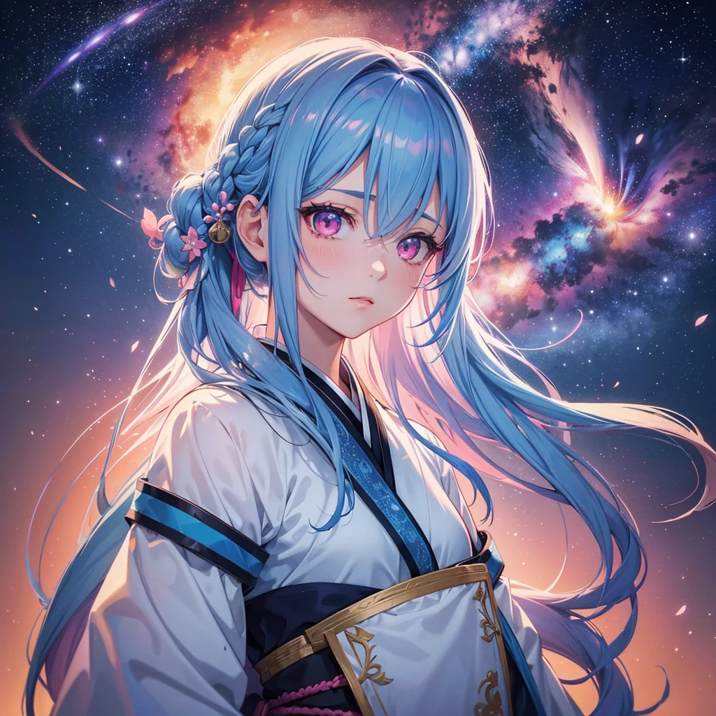 Sky blue hair, (One braided ponytail),(Pink Eyes),Fair skin ,(whole body),(One girl),Hanfu,The goddess,Tanabata,(A beautiful Milky Way in the night sky),Stern face,Straight bangs,(masterpiece, Highest quality, Very detailed, Best Shadow), (Detailed Background), (Beautifully detailed face), High Contrast, (Best lighting, Very delicate and beautiful), ((Cinematic Light)), colorful, Hyper Detail, Dramatic Light, Intricate details,
