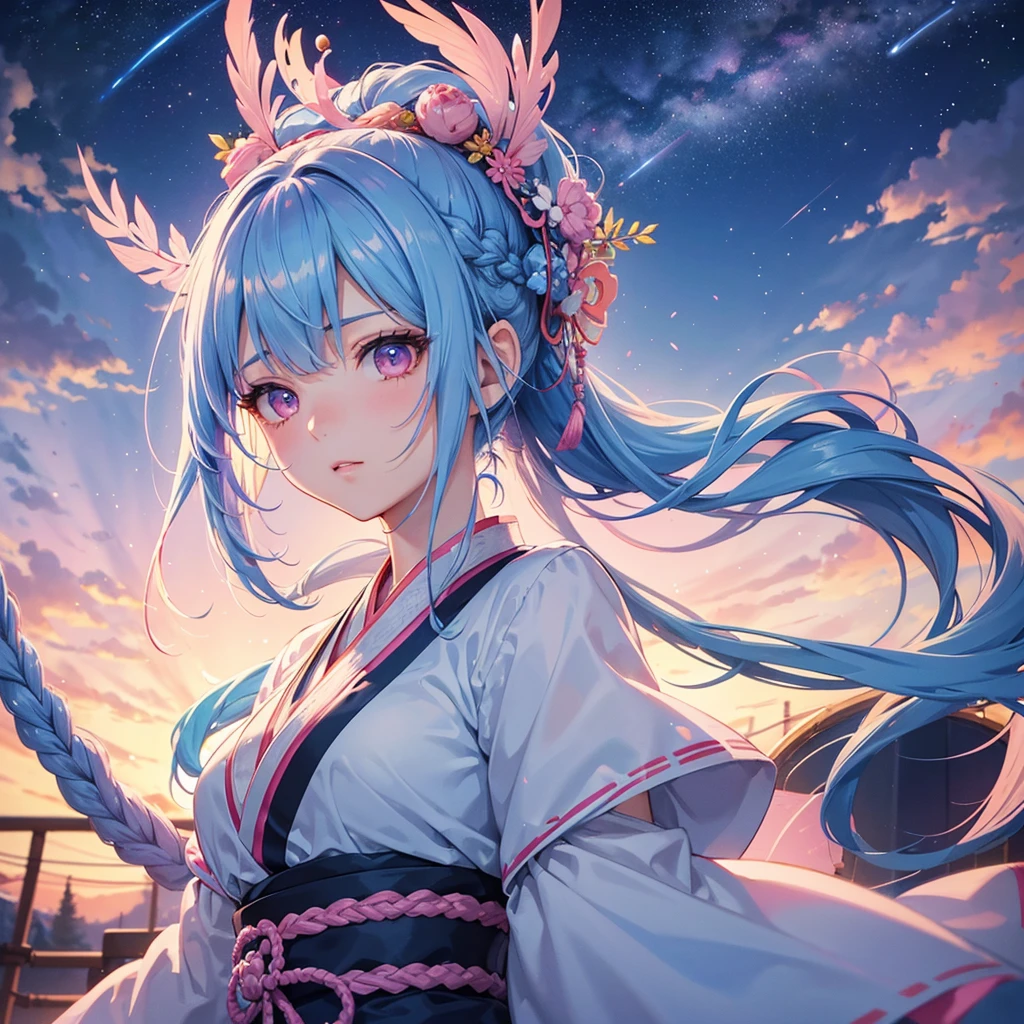 Sky blue hair, (One braided ponytail),(Pink Eyes),Fair skin ,(whole body),(One girl),Hanfu,The goddess,Tanabata,(A beautiful Milky Way in the night sky),Stern face,Straight bangs,(masterpiece, Highest quality, Very detailed, Best Shadow), (Detailed Background), (Beautifully detailed face), High Contrast, (Best lighting, Very delicate and beautiful), ((Cinematic Light)), colorful, Hyper Detail, Dramatic Light, Intricate details,