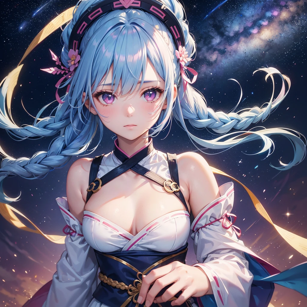 Sky blue hair, (One braided ponytail),(Pink Eyes),Fair skin ,(whole body),(One girl),Hanfu,The goddess,Tanabata,(A beautiful Milky Way in the night sky),Stern face,Straight bangs,(masterpiece, Highest quality, Very detailed, Best Shadow), (Detailed Background), (Beautifully detailed face), High Contrast, (Best lighting, Very delicate and beautiful), ((Cinematic Light)), colorful, Hyper Detail, Dramatic Light, Intricate details,