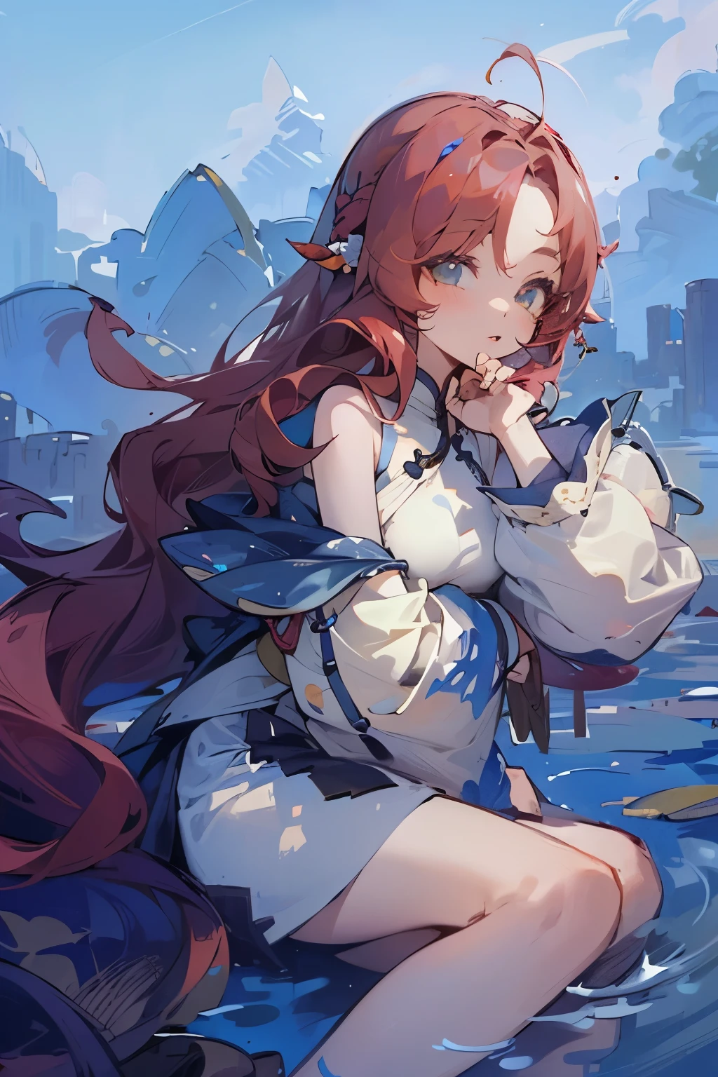 absurd, high resolution, Extremely detailed, (1 Girl:1.3), Hand Painted, Simple lines, 16-year-old girl wearing colorful Chinese Hanfu, Sexy fox ears girl, By the lotus pond, masterpiece, sitting in water, Floating clothes, Flowing hair