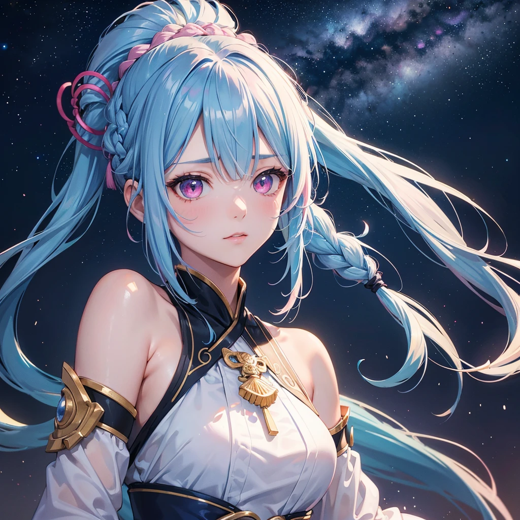 Sky blue hair, (One braided ponytail),(Pink Eyes),Fair skin ,(whole body),(One girl),Hanfu,The goddess,Tanabata,(A beautiful Milky Way in the night sky),Stern face,Straight bangs,(masterpiece, Highest quality, Very detailed, Best Shadow), (Detailed Background), (Beautifully detailed face), High Contrast, (Best lighting, Very delicate and beautiful), ((Cinematic Light)), colorful, Hyper Detail, Dramatic Light, Intricate details,