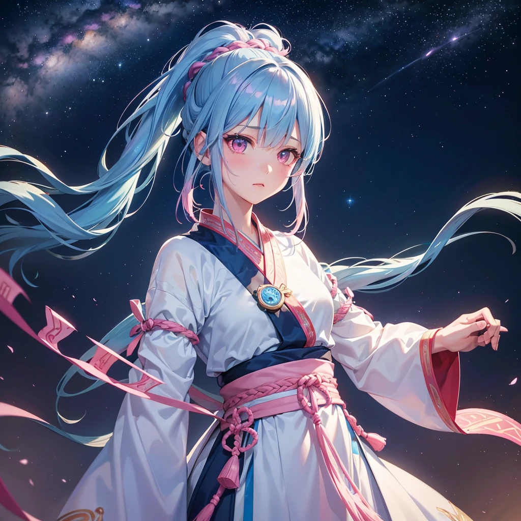 Sky blue hair, (One braided ponytail),(Pink Eyes),Fair skin ,(whole body),(One girl),Hanfu,The goddess,Tanabata,(A beautiful Milky Way in the night sky),Stern face,Straight bangs,(masterpiece, Highest quality, Very detailed, Best Shadow), (Detailed Background), (Beautifully detailed face), High Contrast, (Best lighting, Very delicate and beautiful), ((Cinematic Light)), colorful, Hyper Detail, Dramatic Light, Intricate details,
