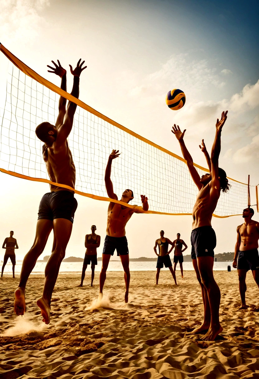(Beach Volleyball player), Pixar style, children are happily playing volleyball on the beach, their faces filled with childlike joy. The background is a blue sky and a golden beach, and the picture is colorful, full of vitality and childlike fun, showcasing their gaming moments, full body, (Photography), panoramic view, award-winning, cinematic still, emotional, vignette, dynamic, vivid, (masterpiece, best quality, Professional, perfect composition, very aesthetic, absurdres, ultra-detailed, intricate details:1.3)