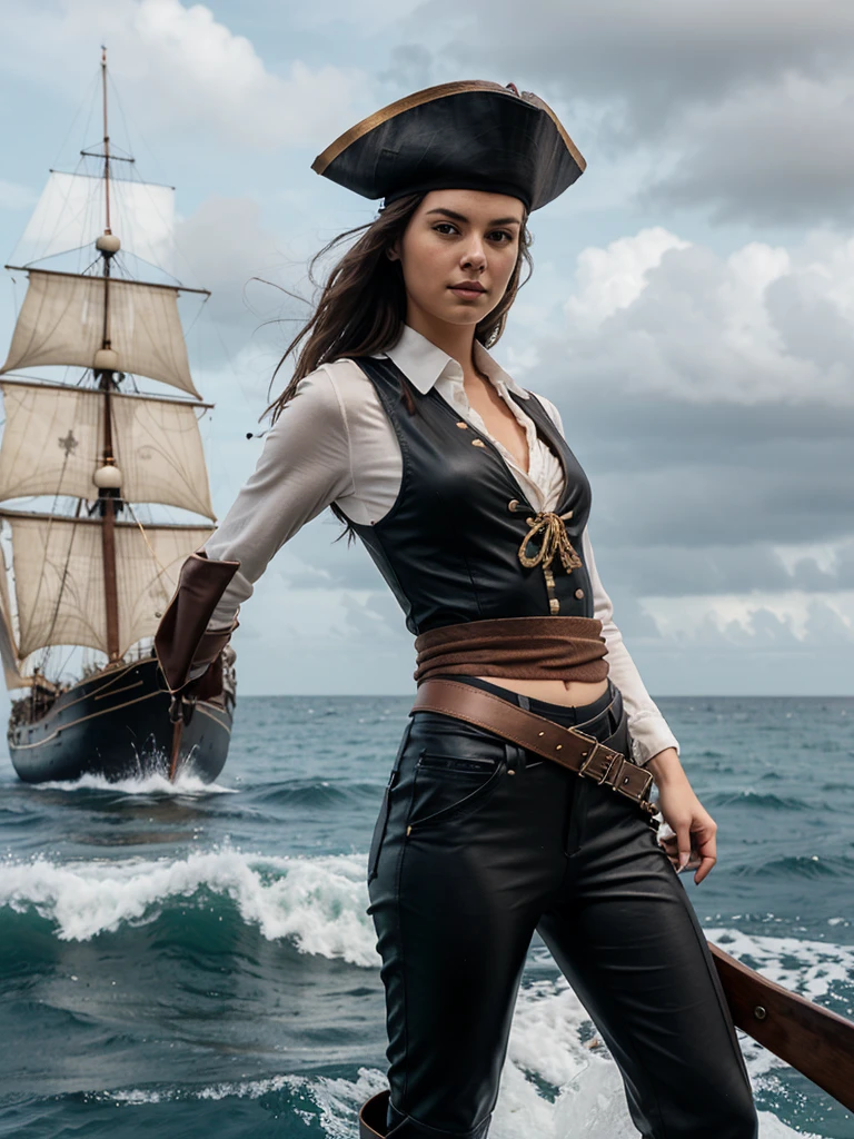 generated a full body of a 21 years old young white woman with dark brown hair, she wear in a detailed and stylish pirate costume poses confidently on the set of 'Pirates of the Caribbean.' Her outfit includes a tricorn hat with a feather, a fitted leather vest over a billowy white shirt, high-waisted trousers tucked into tall, weathered boots, and a decorative sash tied around her waist. She holds a cutlass at her side, ready for adventure. The background features an impressive, old pirate ship cruising on the vast, open ocean under a dramatic, cloudy sky, with the ship's sails billowing in the wind and the waves crashing against its hull.