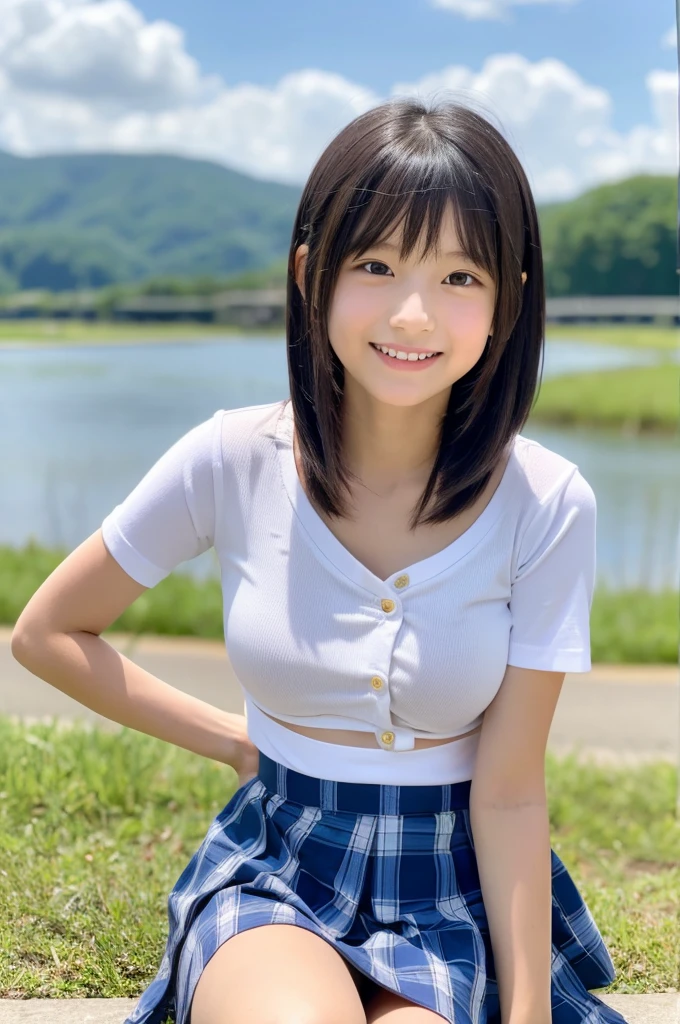8K,masterpiece,Japanese,11-year-old girl,from the front,smile,cute,Innocent face,Innocent,Kind eyes,Childish,Plain T-shirt,Short sleeve,Blue checked short skirt,semi-long,Hair blowing in the wind,Black Hair,Somewhat strong wind,noon,bright,Sitting、M-shaped feet, (Large Breasts:1.2),(Emphasize the chest:1.2)