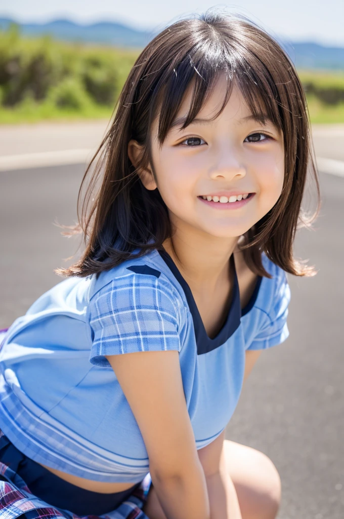 8K,masterpiece,Japanese,,from the front,smile,cute,Innocent face,Innocent,Kind eyes,Childish,Plain Tt,Short sleeve,Blue checked short skirt,semi-long,Hair blowing in the wind,Black Hair,Somewhat strong wind,noon,bright,Sitting、M-shaped feet, (Large Breasts:1.2),(Emphasichest:1.2)