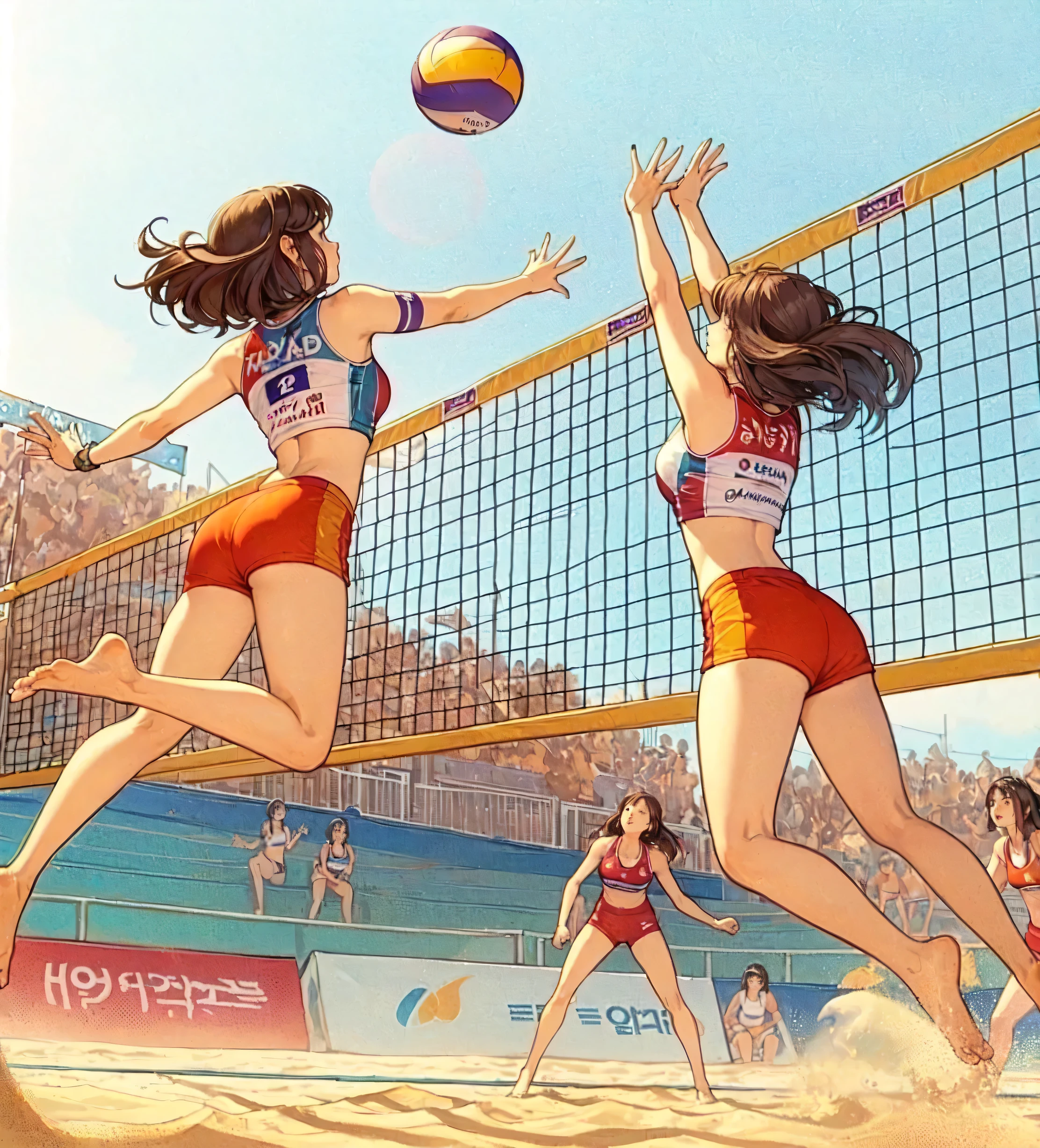 1lady solo, from above, (jumping high) (right next to net), (looking up at ball), (swinging one arm to hit ball) spiking, (dynamic posing), (beach volleyball player), (uniform with company logo) cropped top, (mature female:0.8), /(black hair/) bangs, light smile, (teeth:0.8), (masterpiece best quality:1.2) delicate illustration ultra-detailed, medium breasts, (muscle:0.6) BREAK (sandy beach) outdoors, (beach volleyball court), flying sand, blue sky, detailed background