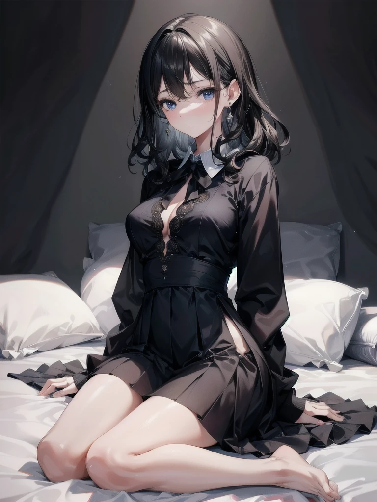 absurdres, RAW photo, extremely delicate and beautiful, masterpiece, Best Quality, ultra high resolution, 32k, hyperrealistic, ultra-detailed, delicate facial features, beautiful detailed woman, tearful mole, earring, medium breasts, full body shot, medium hair, black hair, wavy hair, collared dress shirt, hoodie, skirt,