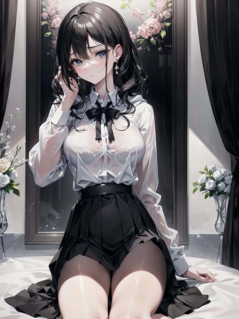 absurdres, RAW photo, extremely delicate and beautiful, masterpiece, Best Quality, ultra high resolution, 32k, hyperrealistic, ultra-detailed, delicate facial features, beautiful detailed woman, tearful mole, earring, medium breasts, full body shot, medium hair, black hair, wavy hair, collared dress shirt, hoodie, skirt,