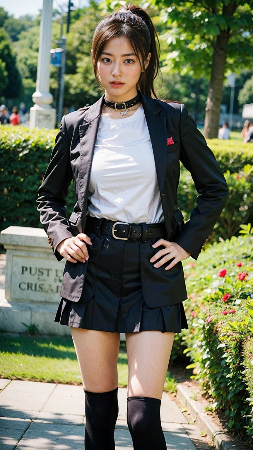 (8K、RAW Photos、Highest quality、masterpiece:1.2)、(Realistic、Realistic)、1 Girl、((black long coat、Black mini skirt、ponytail、smile、Thin legs、whole body、boots、one piece、garden、View from the front、Looking into the camera、belt、Stand with hands on hips))、cute