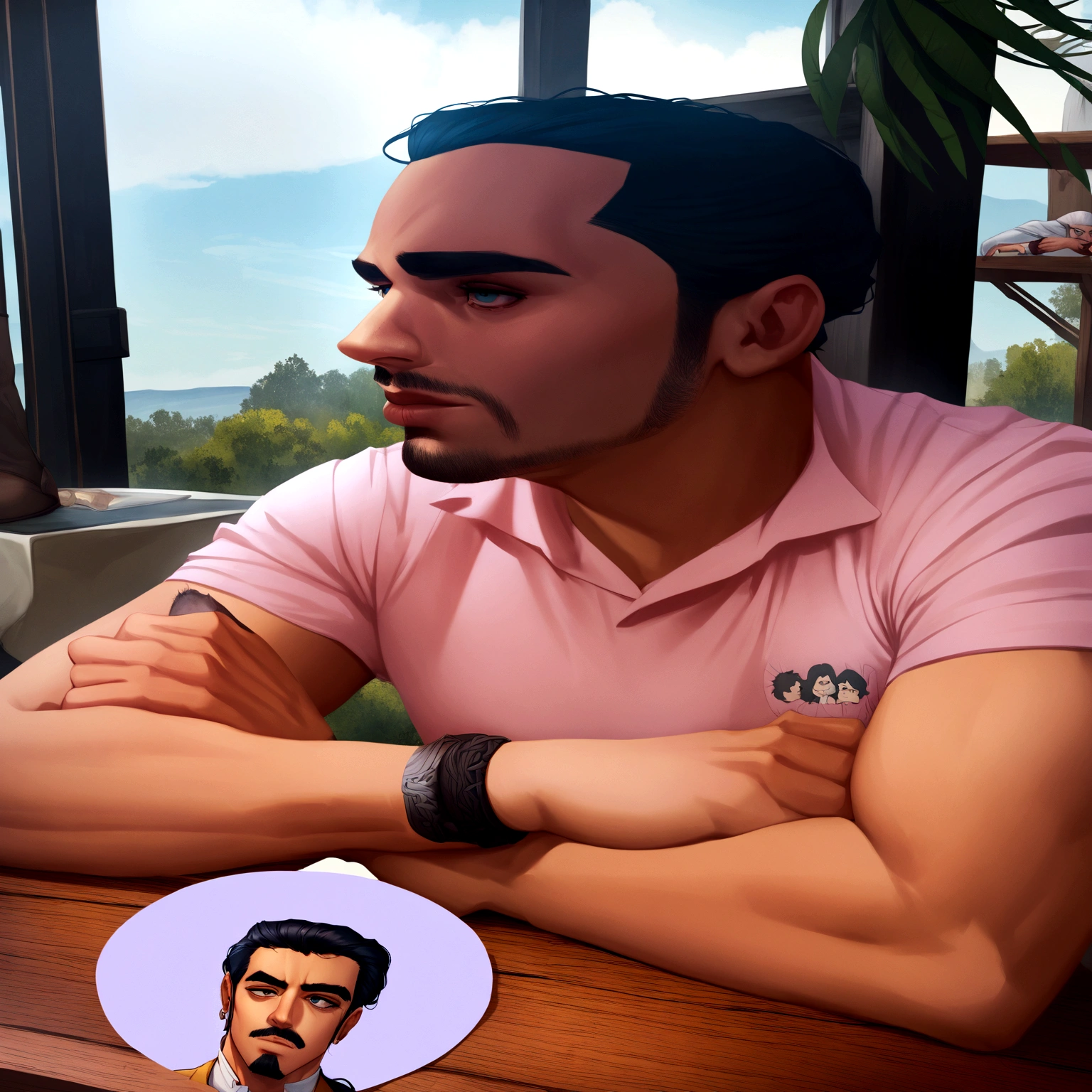 arafed man sitting at a table with a caricature of himself, Andres Rios, jose miguel roman frances, victor maristane, accession of henry, punishment style, punishment, Josan Gonzalez, Alejandro Astor, Christian Orrillo, David Rios Ferreira, inspired by Hugo Sánchez Bonilla, Joel Torres