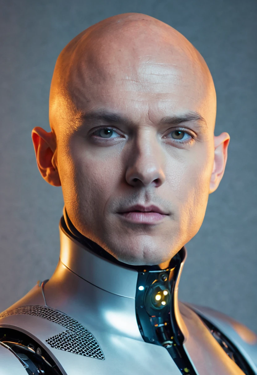 1 futuristic bald man, without any facial features, lamp facing the viewer with textured skin, robot , android (ntf image)