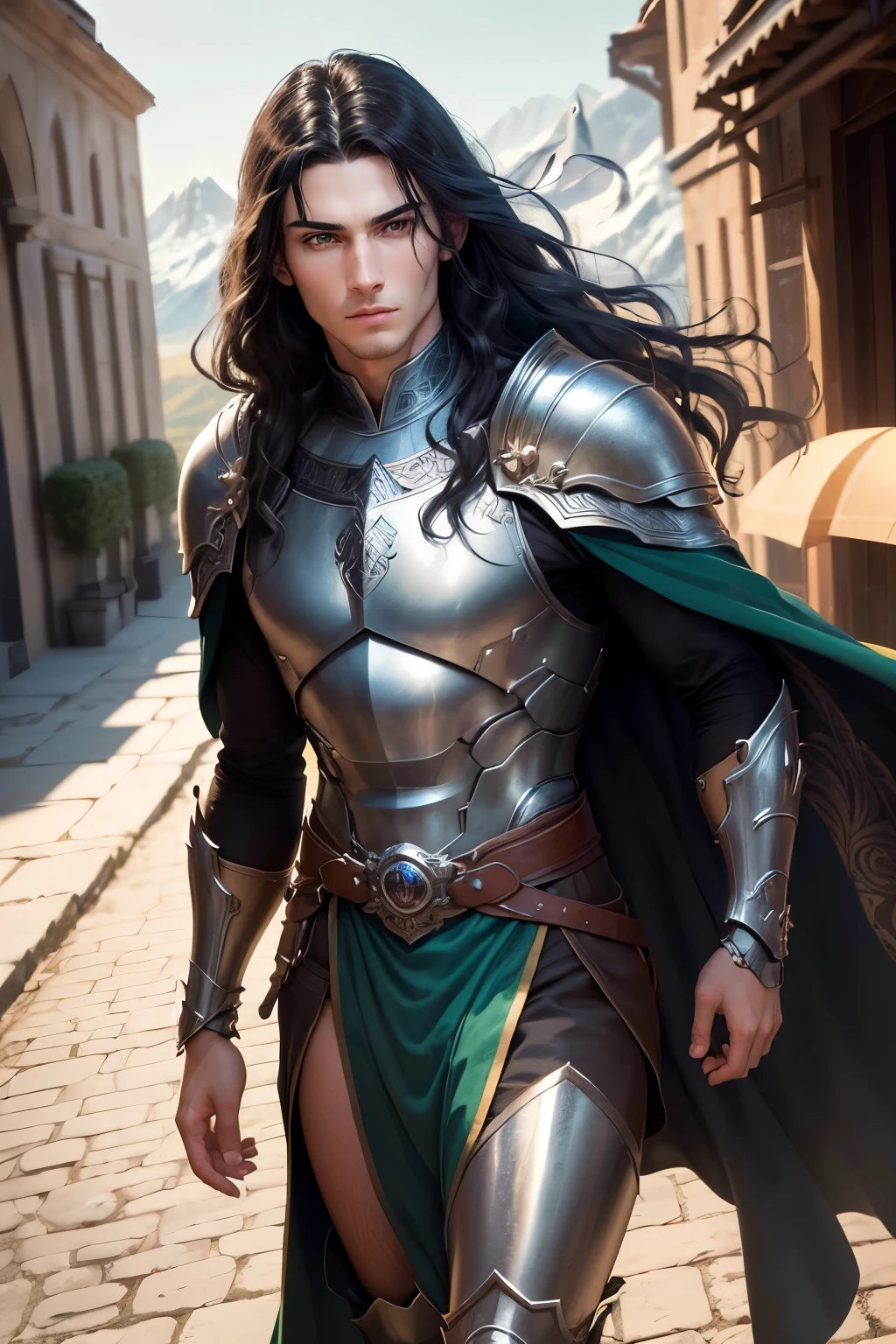 ((best qualityer)), ((work of art)), (detailded), ((best quality)), ((masterpiece)), (detailed), Prize-winning works, with incredible details, maximum textures and details, uhd ,8K,super resolution ,depth of field, retina, masterpiece, anatomically correct, textured skin, super detail, high details, highres ,1 Elf male male adventurer warrior ,Super long black hair wavy in the wind,He has green eyes, wide chin , wearing light adventurer armor, blue long cape ,fully body, olhos detaildeds ,green light armor,similar to the work of JRR Tolkien (25 year old young man :1.1,olhos detaildeds, rosto detailded, whole body:1.1,the bottom is a valley ,mountains and forest ),(best qualityer:1.2,ultra-detailded:1.1,realisitic:1.37) ,eyeshadows, sharp focus, swirly vibrant colors,)
