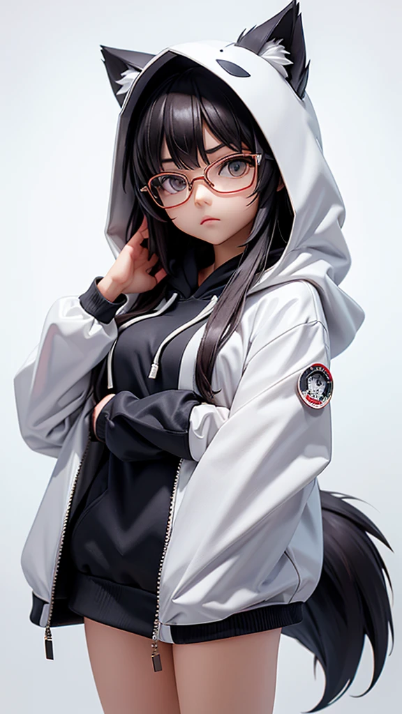 (Highest quality:1.2)。One Woman。Glasses。Angry expression。(Wearing a hooded wolf costume)。(standing)。The background is a white。(the word "SELA" is written on his hooded) 