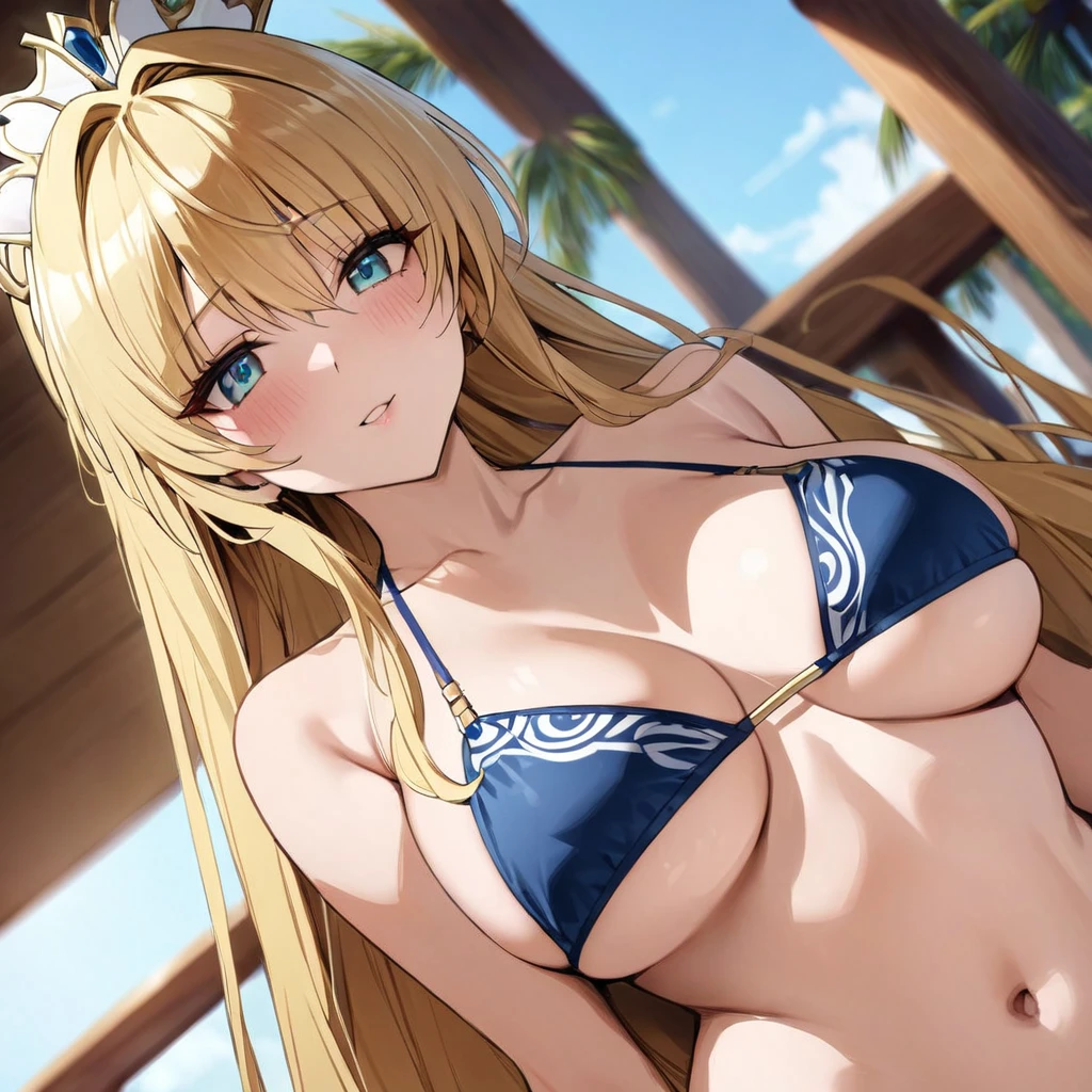 ((Highest quality)), ((masterpiece)), (detailed), （Perfect Face）、1girl, The woman named Tiana, with blue eyes, medium-length blonde hair, and is wearing a gorgeous blue bikini with palm tree patterns.、The woman is being he