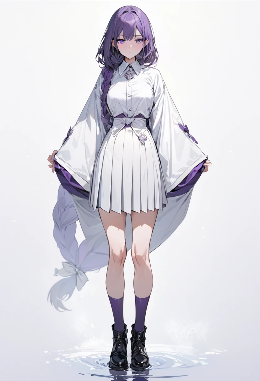 masterpiece, (bestquality), highlydetailed, cold, calm, gentle, expressionless, solo, (1girl), dark purple hair, very long single braid, bright purple eyes, (white collared shirt with white furisode sleeves), thin red bow tie under the collar, (diamond-shaped pin on the front of the bow), black high-waisted pleated skirt, dark purple high socks, black ankle boots, medium breasts, (simple white background), (white empty background), full body, standing