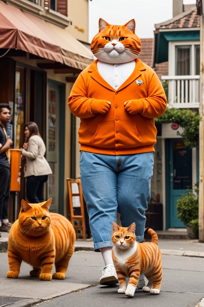 An anthropomorphic, fat, orange cat in clothes leisurely strolls down the sunny streets of a quaint town, surrounded by other cats gossiping and pointing at him with judgmental expressions."