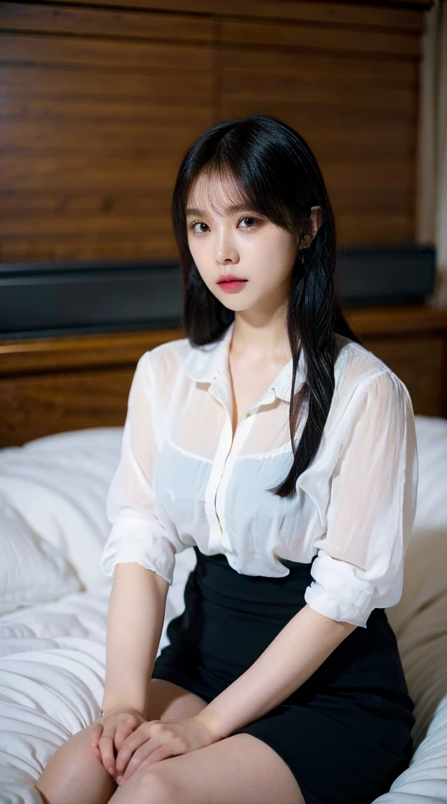 (Highest quality、8K、32k、masterpiece、Best Quality、Realistic))、Black Hair、Medium Hair、Sitting on the bed、(Selfie、Wearing a dress shirt、See-through、Underwear is visible:1.3)