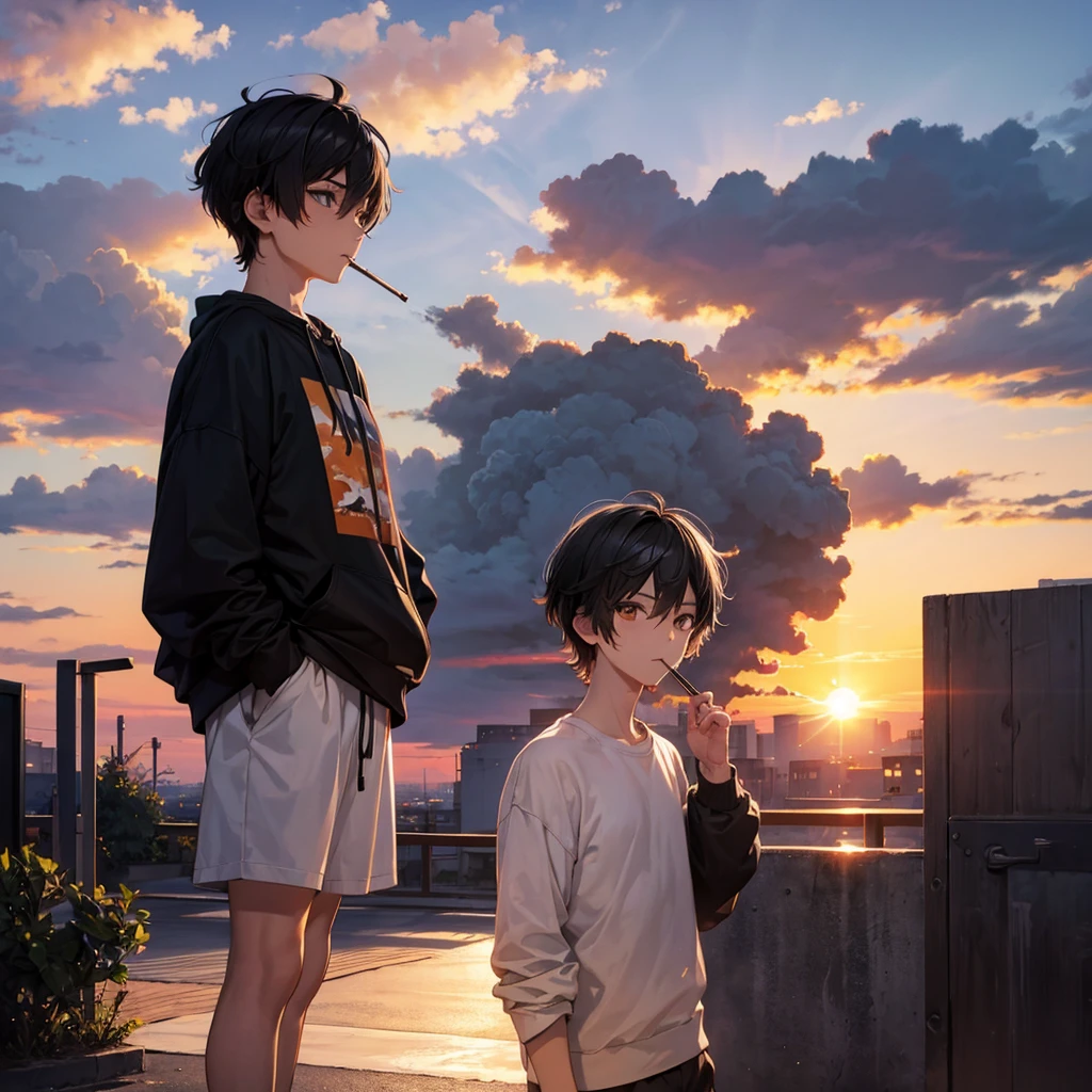 boy short hair smoking sweatshirt sunset black anime