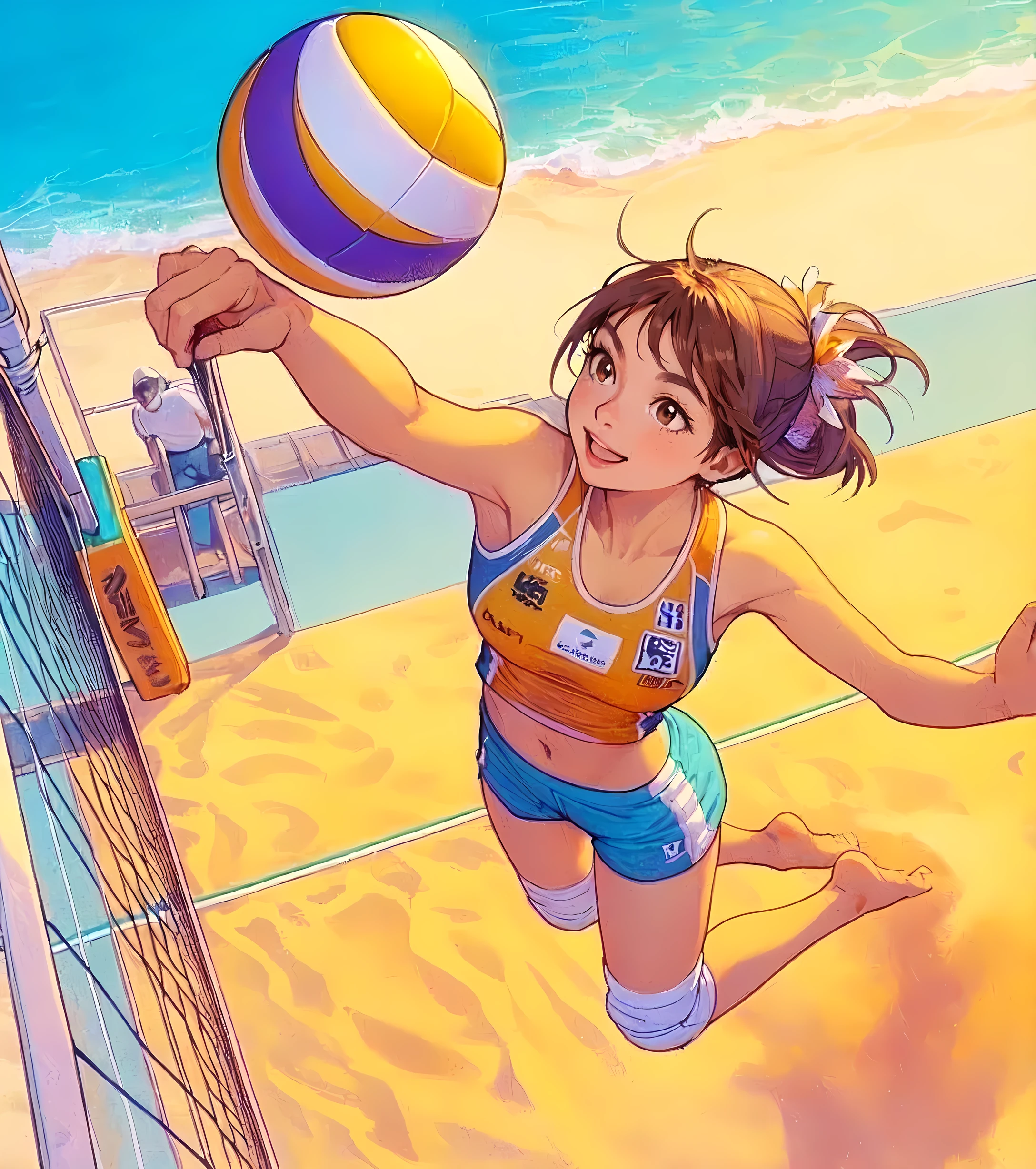 1lady solo, from above, (jumping high) (right next to net), (looking up at ball), (swinging one arm to hit ball) spiking, (dynamic posing), (beach volleyball player), (uniform with company logo) cropped top, (mature female:0.8), /(black hair/) bangs, light smile, (teeth:0.8), (masterpiece best quality:1.2) delicate illustration ultra-detailed, medium breasts, (muscle:0.6) BREAK (sandy beach) outdoors, (beach volleyball court), flying sand, blue sky, detailed background