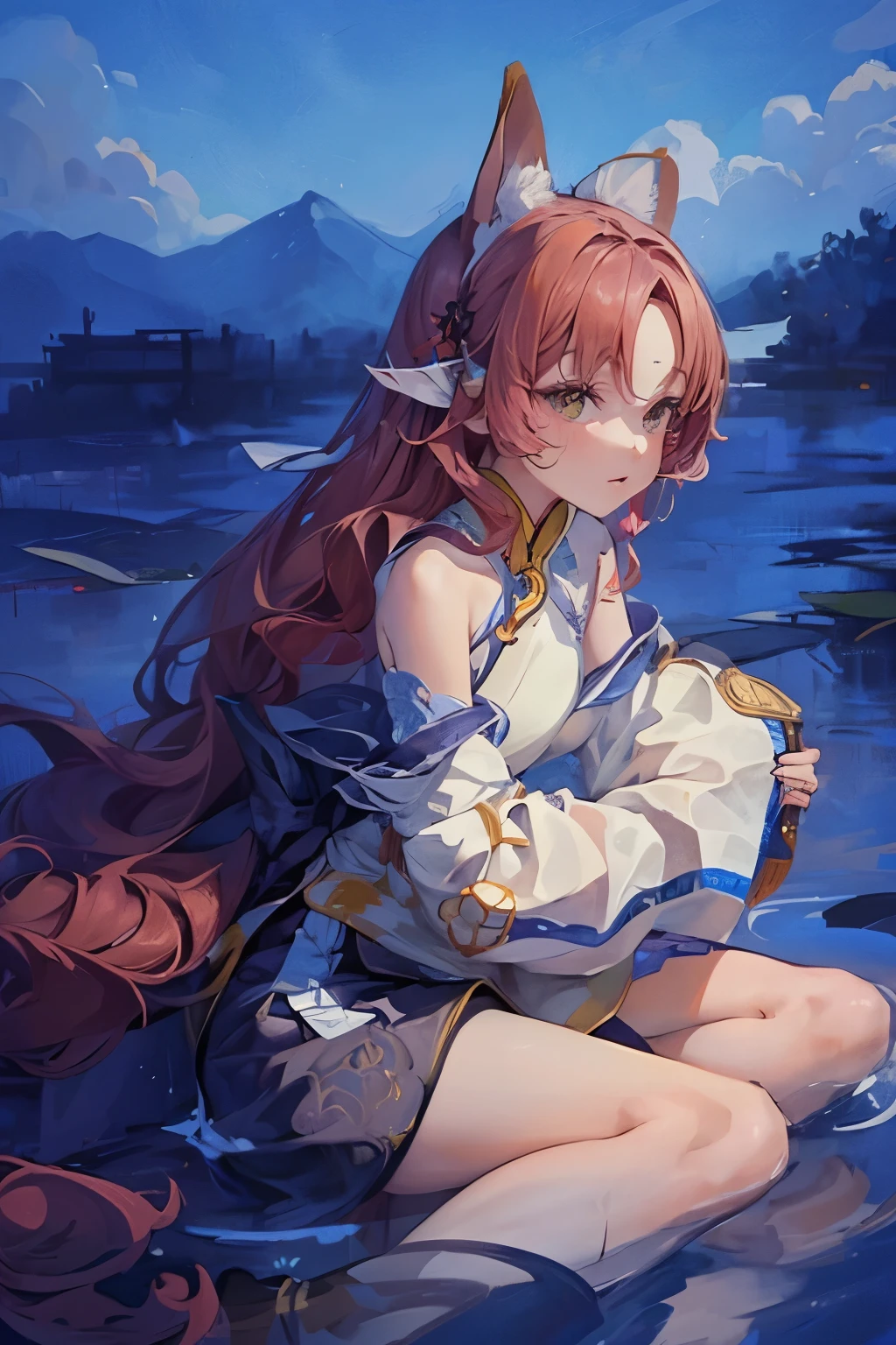 absurd, high resolution, Extremely detailed, (1 Girl:1.3), Hand Painted, Simple lines, 16-year-old girl wearing colorful Chinese Hanfu, Sexy fox ears girl, By the lotus pond, masterpiece, sitting in water, Floating clothes, Flowing hair