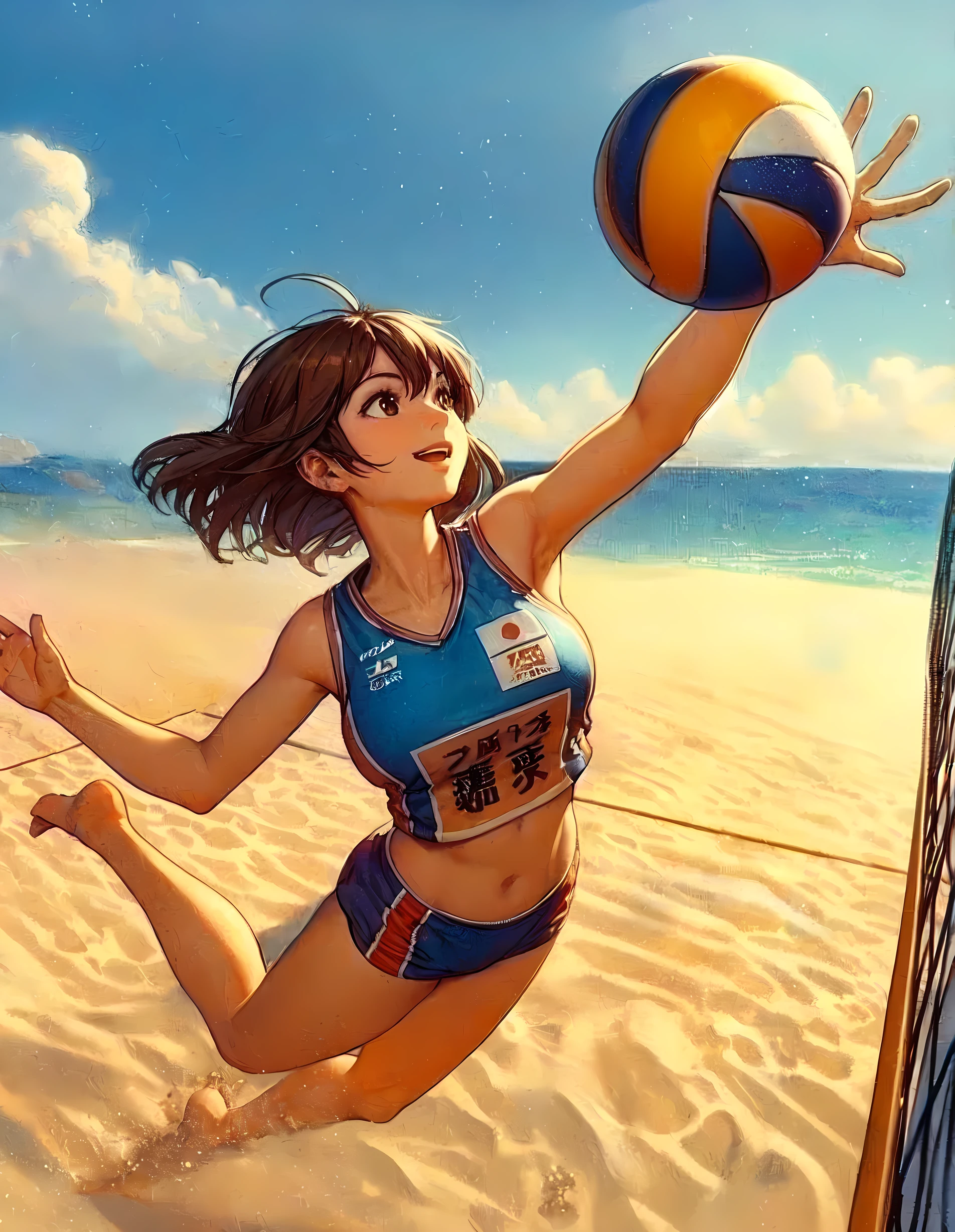 1lady solo, from above, (jumping high) (right next to net), (looking up at ball), (swinging one arm to hit ball) spiking, (dynamic posing), (beach volleyball player), (uniform with company logo) cropped top, (mature female:0.8), /(black hair/) bangs, light smile, (teeth:0.8), (masterpiece best quality:1.2) delicate illustration ultra-detailed, medium breasts, (muscle:0.6) BREAK (sandy beach) outdoors, (beach volleyball court), flying sand, blue sky, detailed background