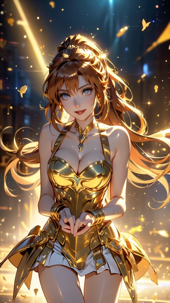 Gold Armor, 4K image, assembly, best quality, masterpiece, movie lighting ,Sexy,Large Breasts,Cleavage,action,In battle,Cleavage,Smile,noble,light beam from hand,Golden lightning surrounds,Red hair,Ponytail hairstyle,Saint Seiya Leo Aiolia,Blink,Lipstick,High purchase price