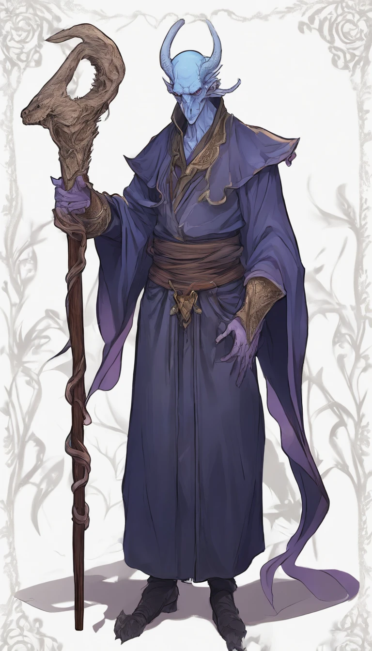 Mind flayer，Inspired by Dungeons & Dragons，Inspired by Cthulhu，Full body concept art illustration of Mind Flayer。The character has human-like proportions，tall、slim and muscular。The character has 4 tentacles extending from its chin，Light purple skin，Almost Blue。The character is dressed in exquisite、Luxurious black academic robes and ornate leather boots。Background is blank