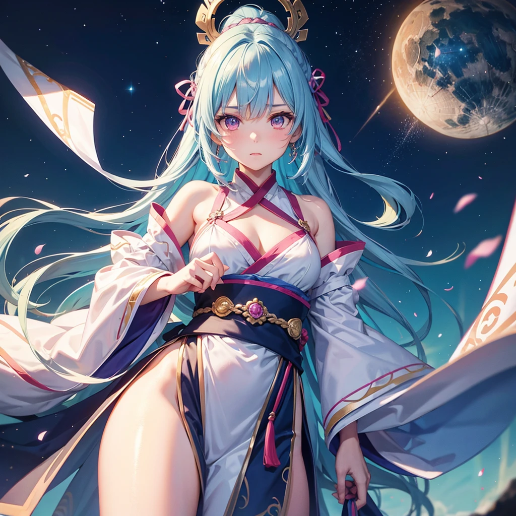 Sky blue hair, Braided Ponytail,(Pink Eyes),Fair skin ,(whole body),(One girl),Hanfu,The goddess,Tanabata,(A beautiful Milky Way in the night sky),Stern face,Straight bangs,(masterpiece, Highest quality, Very detailed, Best Shadow), (Detailed Background), (Beautifully detailed face), High Contrast, (Best lighting, Very delicate and beautiful), ((Cinematic Light)), colorful, Hyper Detail, Dramatic Light, Intricate details,