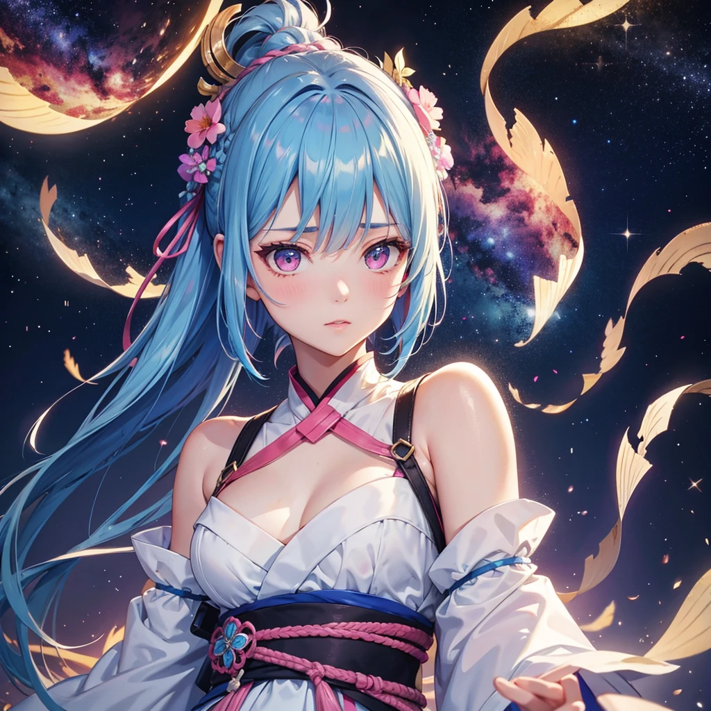 Sky blue hair, Braided Ponytail,(Pink Eyes),Fair skin ,(whole body),(One girl),Hanfu,The goddess,Tanabata,(A beautiful Milky Way in the night sky),Stern face,Straight bangs,(masterpiece, Highest quality, Very detailed, Best Shadow), (Detailed Background), (Beautifully detailed face), High Contrast, (Best lighting, Very delicate and beautiful), ((Cinematic Light)), colorful, Hyper Detail, Dramatic Light, Intricate details,