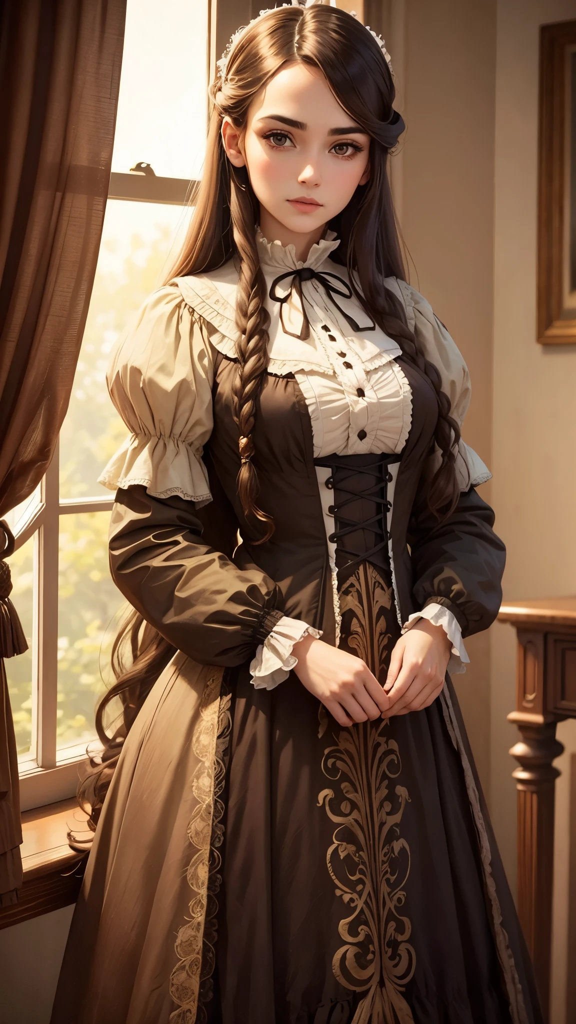 Beautiful woman with brown eyes and long hair wearing antique Victorian clothing 