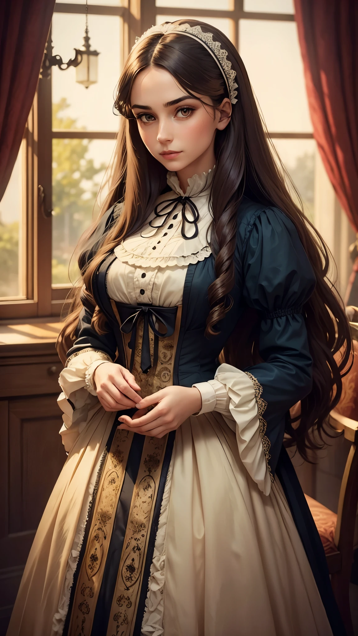 Beautiful woman with brown eyes and long hair wearing antique Victorian clothing