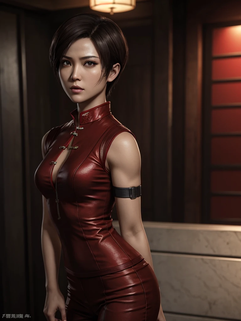 1 woman, alone, Ada Wong in Resident Evil 4 Remake, short hair with details, brown hair, red cheongsam, Short sleeve shirt, black, Nidium Chest, upper limbs, back part, รองเท้าส้นสูงblack, Adriana's face, Find your audience, mischievous smile, There was a pistol hanging from her waist., best quality, high resolution:1.2, An 18th century village is in the background., Shadowing, Nightmare, Rays of moonlight, Upper body photography, Low camera angle、depth of field、centered