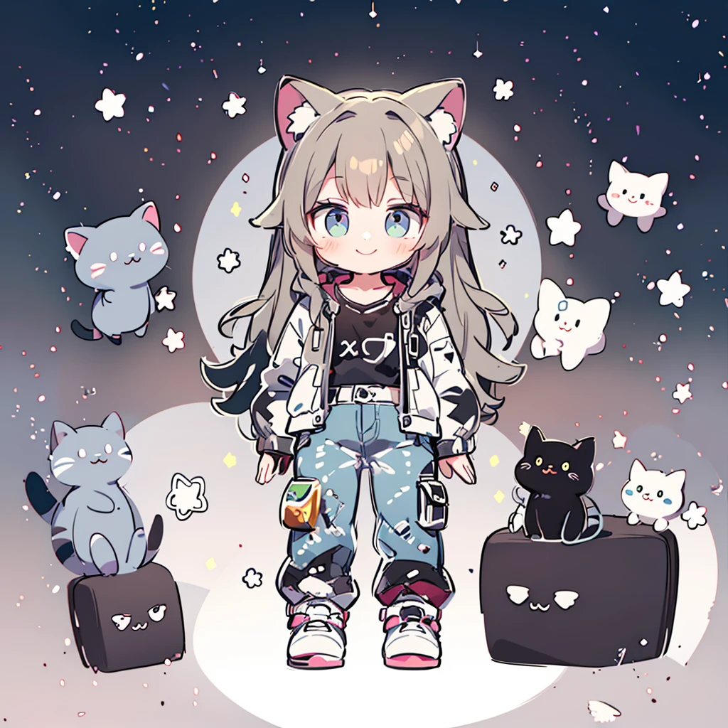 ((Highest quality，masterpiece，Extremely complex and exquisite details，A short girl with gray and blue cat ears and long hair is in the center，Gray blue super long straight hair，Curly hair at the ends，Sparse air bangs，Gray and pink T-shirt with xJ lettering，Denim hooded cropped jacket，Black and gray long cargo pants))，(pink and white sneakers，Smile slightly，Surrounded by tons of cute short-legged cats，Correct anatomy)，Super Q super cute short full body portrait，Starry sky background vertical painting space scene