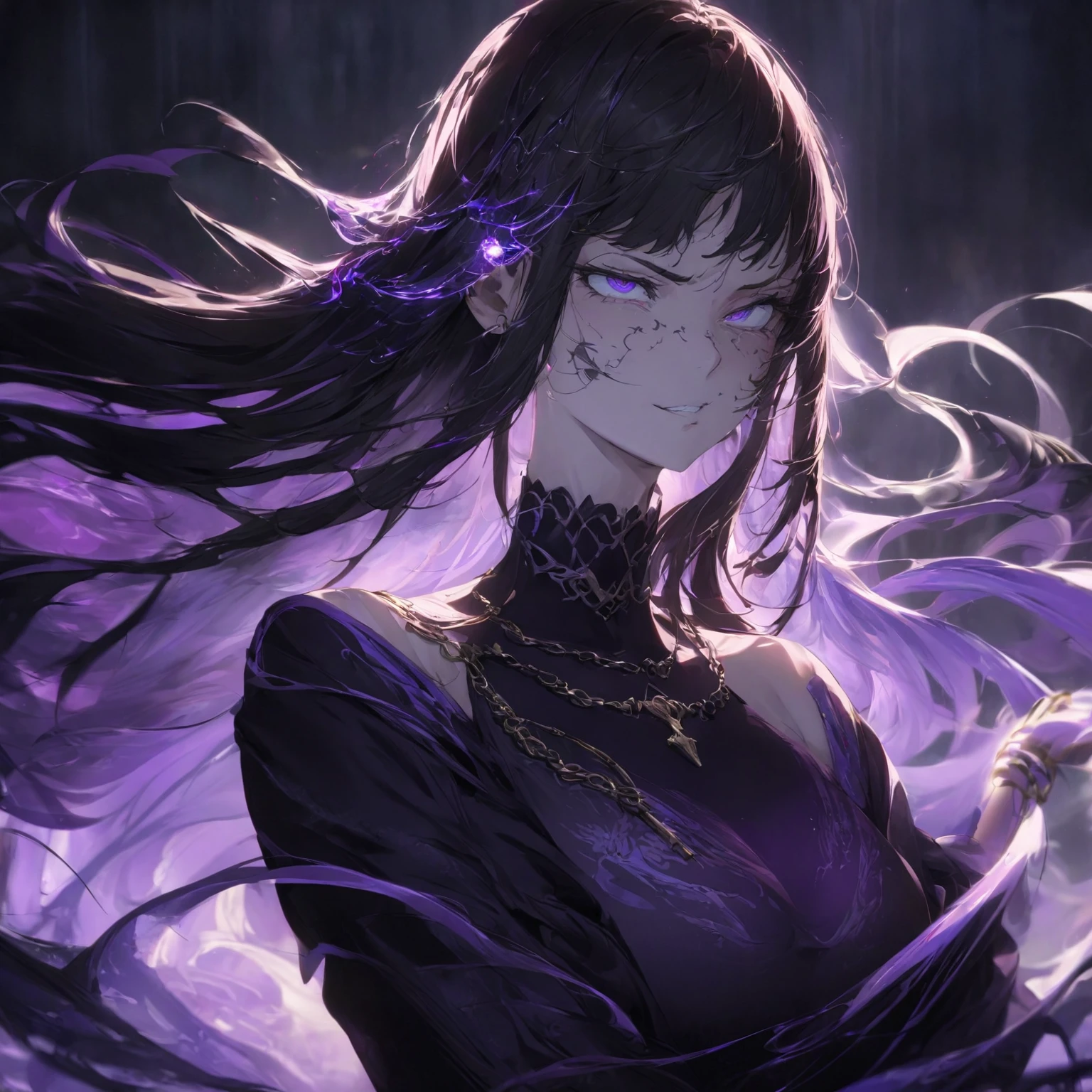 a woman with an athletic and agile physique, sharp facial features including a strong jawline and piercing eyes reflecting wisdom and intensity, long flowing hair with streaks of purple intertwined, dressed in a mix of modern and mystical attire blending dark colors with accents of purple, (:0.8) adorned with minimalistic yet significant accessories such as a necklace or bracelet with a small, intricate chain design. Pose her dynamically and confidently, conveying readiness for action while maintaining a natural appearance that suits her character. Express her with a conniving/scheming facial expression featuring narrowed, slanted eyes, a smirk or sly grin, and arched eyebrows. Set the scene in a dimly lit, mystical environment with wisps of energy swirling around her, hinting at her ability to manipulate souls with faint soul energies subtly depicted in the air. Illuminate softly to emphasize reflective surfaces of her attire and the glow of her eyes, overall evoking a sense of mystery and power, showcasing her as a formidable yet enigmatic woman deeply connected to the spiritual realm., detailed gorgeous face| anime style| key visual| intricate detail| highly detailed| breathtaking| vibrant| panoramic| cinematic| Carne Griffiths| Conrad Roset| gibbli 8k