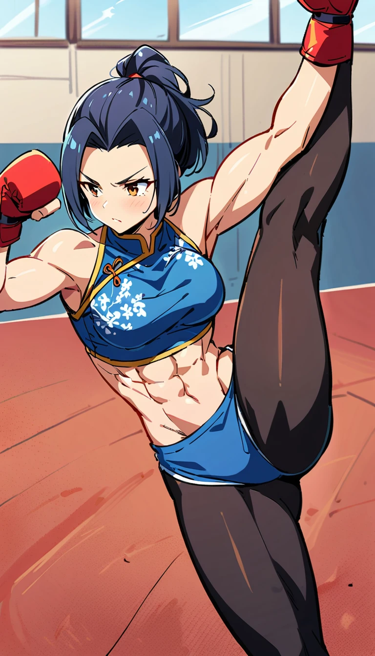 Boxing Match between muscular woman and doing a high kick, six pack, no men in background , Chinese dress crop top,  and leggings ,portrait, empty dojo background 